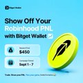 An advertisement showing 'Show Off Your Robinhood PNL with Bitget Wallet 2' with $450 received and Sept 1-7 dates, featuring a Bitget Wallet coin.
