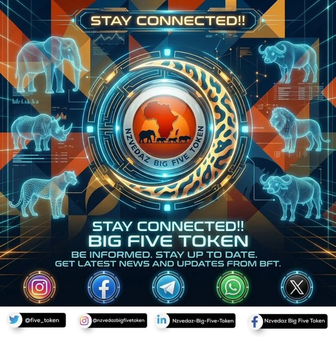 A promotional graphic titled 'STAY CONNECTED!! BIG FIVE TOKEN' featuring holographic outlines of the Big Five African animals around a central Africa-themed coin, with social media icons below.