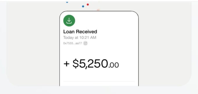 A minimalist interface displays a 'Loan Received' notification card with a green downward arrow icon, timestamped 'Today at 10:21 AM', showing a deposit of '+ $5,250.00'.