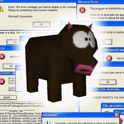 Meme image featuring a low-poly Minecraft-style black cow with large cartoon eyes superimposed over a background of various Microsoft Windows error dialog boxes.