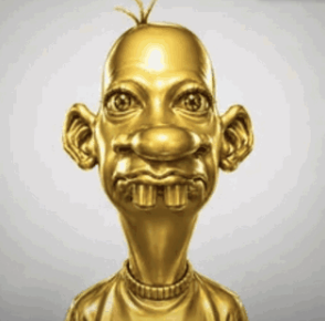 A golden metallic 3D-rendered character with an oversized bald head, pronounced ears, large nose, mustache, and small sprout/antenna on top, styled like an art toy.