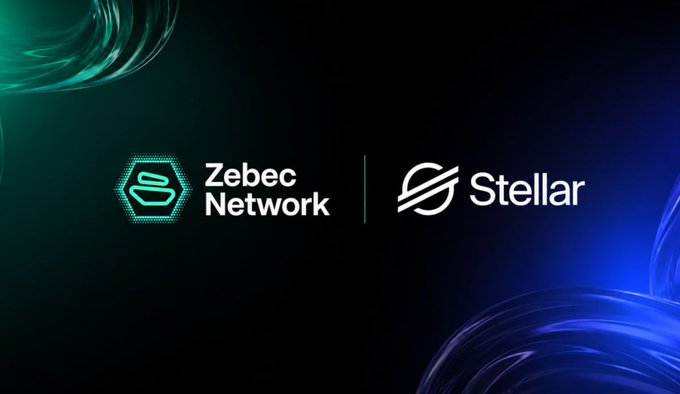 A promotional graphic showing the logos of "Zebec Network" and "Stellar" side by side against a dark background with flowing green and blue light effects.