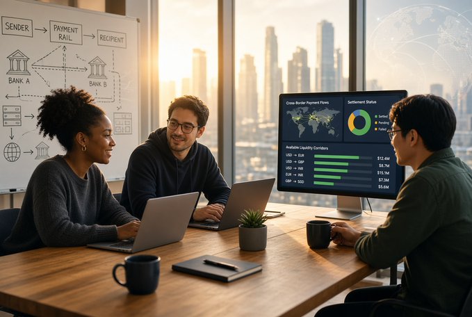 A digital illustration of three people collaborating in a modern office setting with laptops, discussing 'Cross-Border Payment Flows' and 'Settlement Status' on a monitor, with payment flow diagrams on a whiteboard.