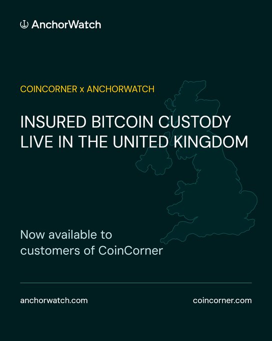The image is a promotional graphic from AnchorWatch with a dark green background featuring a faint outline of the United Kingdom, announcing the partnership between CoinCorner and AnchorWatch with the headline "INSURED BITCOIN CUSTODY LIVE IN THE UNITED KINGDOM" and noting the service is "Now available to customers of CoinCorner," with anchorwatch.com and coincorner.com displayed at the bottom.