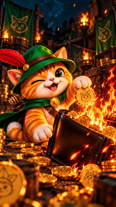A digital illustration of a cheerful orange cat wearing a green hat with a red feather, holding a gold coin next to a treasure chest overflowing with coins amid flames and banners.