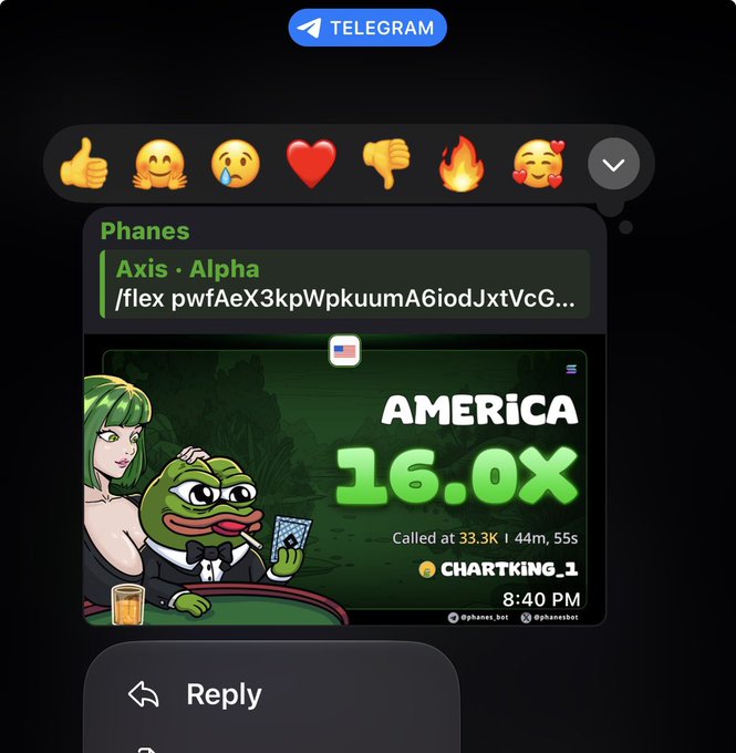 Telegram message from Phanes 'Axis·Alpha' showing a meme image of a green Pepe character in a tuxedo with the text 'AMERICA 16.0X', called at 33.3K.