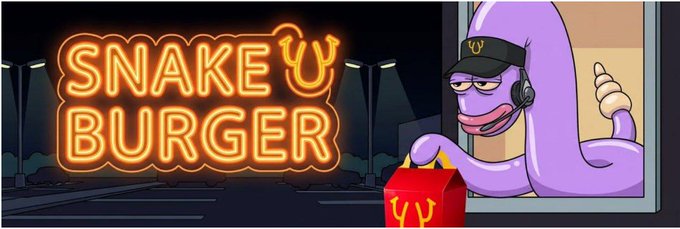 A cartoon illustration showing a purple snake wearing headphones and a cap at a 'SNAKE BURGER' drive-thru window, holding up a peace sign next to a red box with horns.