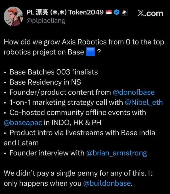 A tweet from PL 漂亮 (*.*) Token2049 (@plpiaoliang) detailing how Axis Robotics grew to the top robotics project on Base, listing strategies including Base Batches, Base Residency, marketing calls, community events, and a founder interview with @brian_armstrong.