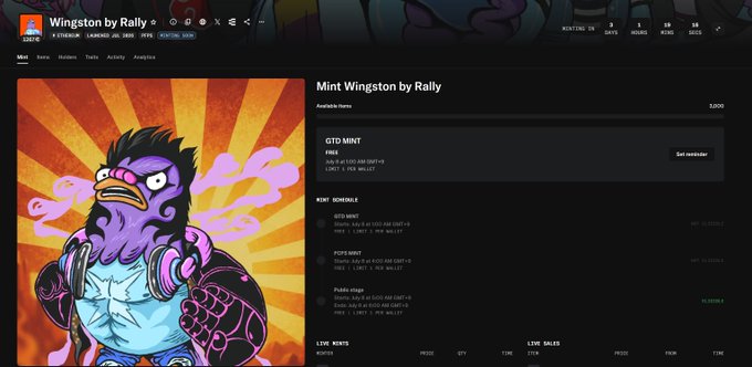 An NFT minting page for 'Mint Winston by Rally' showing a purple cartoon character wearing boxing gloves against a sunburst background.