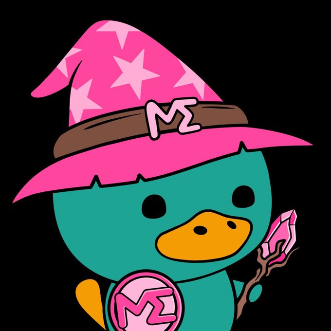 A cartoon teal duck character wearing a pink star-patterned wizard hat with "MZ" on the brim, holding a pink gem-topped staff and displaying an "MZ" medallion, referencing the Magic Eden NFT marketplace. The image relates to the post by suggesting that amid millions of NFT projects, only quality collections like those on Magic Eden endure and thrive, paralleling how Amazon, Microsoft, and Netflix survived the dotcom bust to mint billionaires.