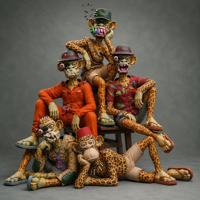 A creative group sculpture or art installation depicting six monkey-like figures in leopard print clothing and colorful outfits stacked in a pyramid formation on a stool.