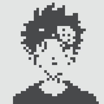 A simple black-and-white pixel art portrait shows a character with messy hair and sunglasses against a white background.