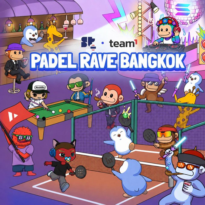 A vibrant illustration titled 'PADEL RAVE BANGKOK' depicting various cartoon characters playing padel, pool, and DJing in a colorful club setting.