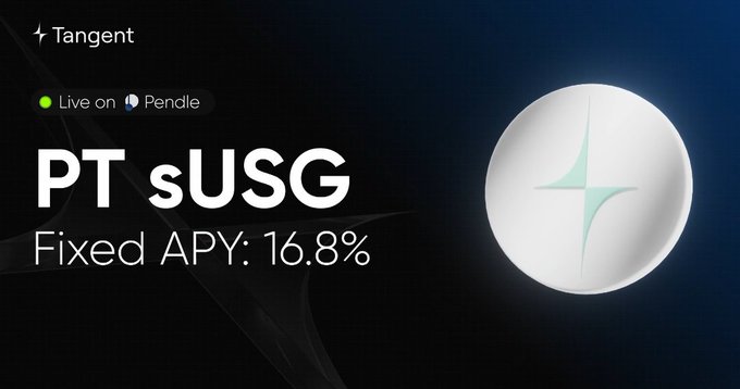 A promotional graphic shows 'Tangent' and 'PT sUSG' with 'Fixed APY: 16.8%', noting it is 'Live on Pendle,' alongside a silver logo with a four-pointed star design.