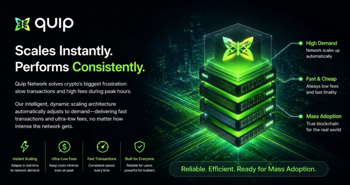 A promotional graphic for 'Quip Network' highlighting 'Scales Instantly. Performs Consistently' with features like High Demand, Fast & Cheap transactions, and Built for Everyone, aimed at mass adoption.