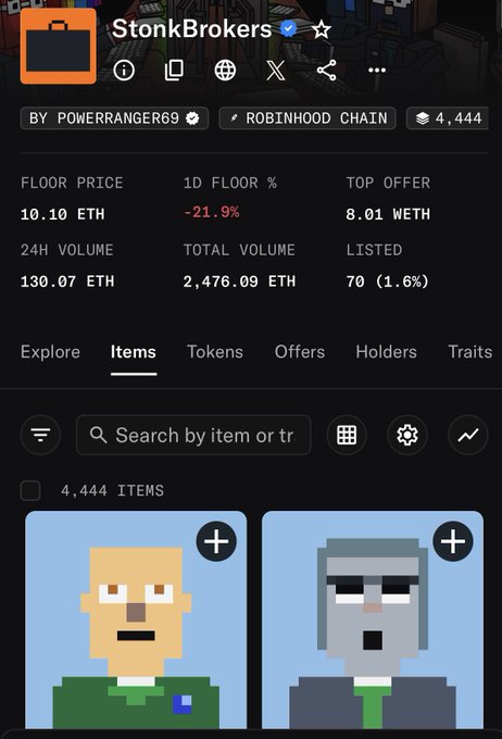 A mobile screenshot of the StonkBrokers NFT collection shows a floor price of 10.10 ETH on the Robinhood Chain, with a -21.9% 1D floor change and pixel art character listings visible.