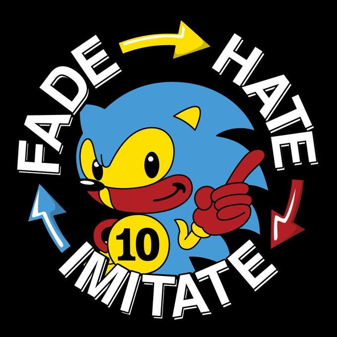 A cartoon blue mascot with a yellow face gives a thumbs-up alongside the text "FADE HATE, IMITATE" encircling him, with "10" on his chest, symbolizing Bitcoin's enduring meme culture and the community's resilience against critics who doubted it, as highlighted in the post celebrating Bitcoin's influence on Crypto Twitter.