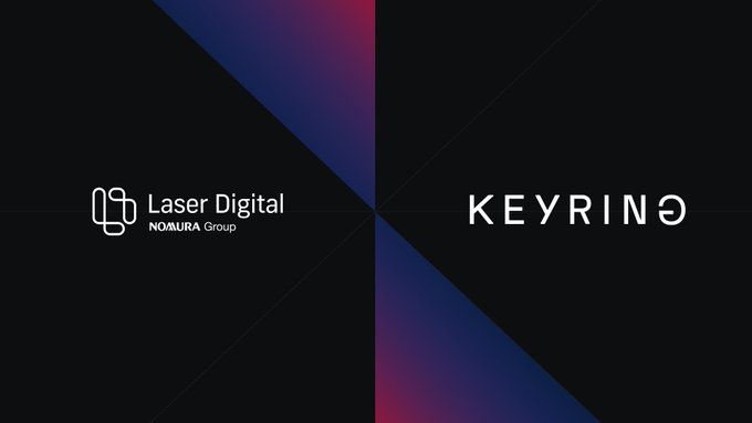A dark promotional graphic featuring the 'Laser Digital (NOMURA Group)' logo on the left and the 'KEYRINO' logo on the right, separated by blue and purple geometric shapes.