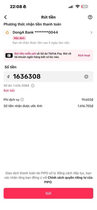 A TikTok withdrawal screen showing a transfer of 1,636,308 đ to a DongA Bank account ending in 0044, with a 19.603đ service fee, resulting in 1,616.705đ received.
