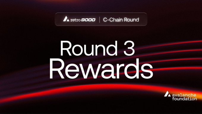 A dark promotional banner with red accent lighting displays the text "Retro9000 | C-Chain Round" in a pill-shaped badge at the top, with "Round 3 Rewards" in large white lettering in the center, and the Avalanche Foundation logo in the bottom right corner—visually announcing the Retro9000 C-Chain Round 3 rewards mentioned in the accompanying post.