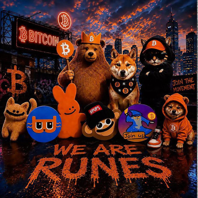 An AI-generated illustration features various crypto-themed animals, including a bear with a crown and a doge wearing Bitcoin swag, gathered under the text 'WE ARE RUNES' with a 'BITCOIN' neon sign in the background.