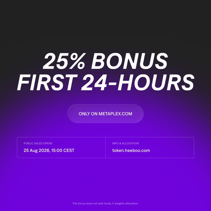 A purple promotional advertisement for a 25% bonus during the first 24-hours of public sales on metaplex.com starting 25 Aug 2026.