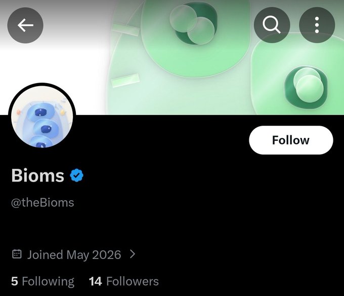 The image shows a social media post from someone named @theBioms. The post features a graphic design of a green circle with two blue circles inside, accompanied by text that reads "Early Finds... @theBioms by @timsouw ... @timsouw". The post also includes the names of followers and a count of 14 followers. The post is titled "Follow" and has a caption that says "Collection Details: TBA Ethereum? Most likely Go to the page, and add your address Let me know when you followed probably something".