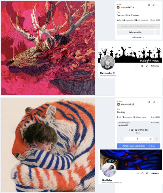 Two screenshots from the Fanvue platform showcase artwork by user 'Handsdall23', featuring 'Demons of the Shadows' and 'The Hug', alongside profiles for Christopher and SkullEcho.
