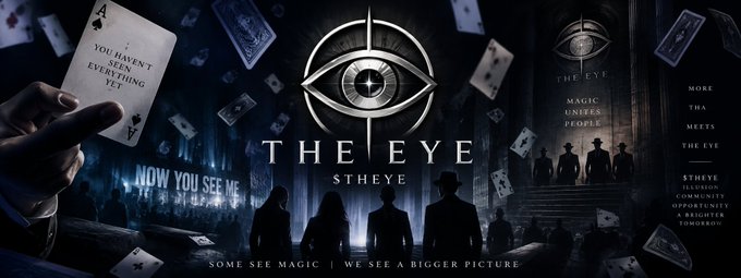 Promotional graphic for 'THE EYE - $THEYE' token featuring a mystical eye logo, an Ace of Spades card reading 'YOU HAVEN'T SEEN EVERYTHING YET', floating playing cards, and silhouettes of people, with tagline 'SOME SEE MAGIC | WE SEE A BIGGER PICTURE'.