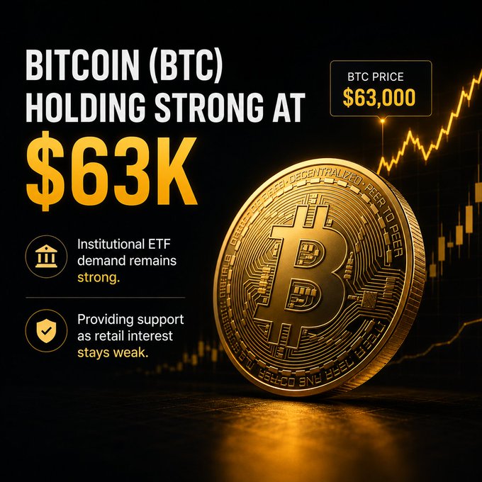 A promotional graphic showing a gold Bitcoin coin with text 'BITCOIN (BTC) HOLDING STRONG AT $63K', 'BTC PRICE $63,000', 'Institutional ETF demand remains strong', and 'Providing support as retail interest stays weak.'