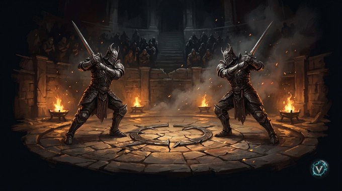 Two armored knights face off with raised swords in a fiery medieval arena, with a crowd watching from the stands behind braziers of flame.