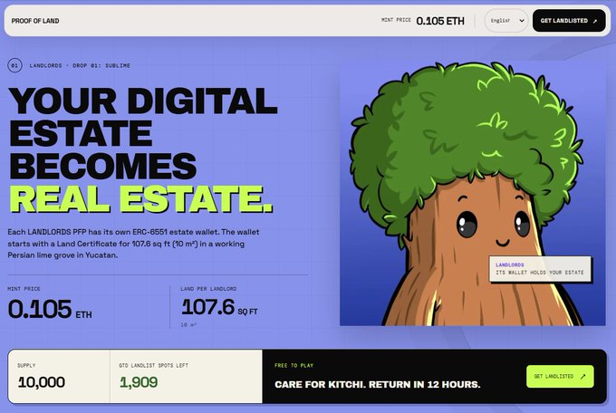 A webpage for 'PROOF OF LAND' NFTs priced at 0.105 ETH, featuring a cartoon tree character and text reading 'YOUR DIGITAL ESTATE BECOMES REAL ESTATE.'
