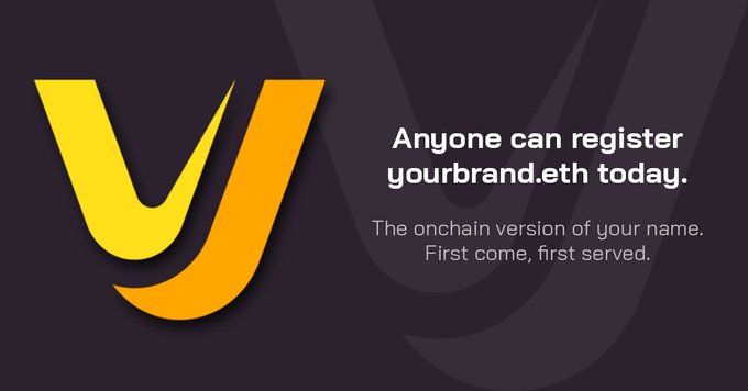 The image features a banner with a yellow "V" logo at the top and a purple background, accompanied by text that reads "Someone can register yourbrand.eth today. Not yourbrand.com - that's yours. Yourbrand.eth. The onchain version of your name. And right now, anyone can claim it for the registration fee". This image is related to the post because it promotes a service or product associated with the brand "YourBrand.eth", which could be related to the company's name or a project they are launching.