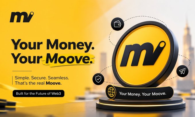 A yellow promotional graphic for "Moove" (an "m" logo) displays the tagline "Your Money. Your Moove." with subtext "Simple. Secure. Seamless. That's the real Moove." and "Built for the Future of Web3" alongside a 3D logo rendering.