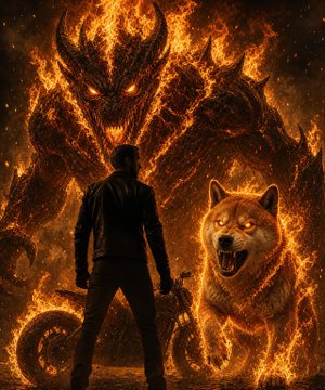 A dramatic fantasy-style illustration featuring a silhouetted figure standing before a fiery demonic creature with glowing eyes and a fierce Shiba Inu dog emerging from flames.