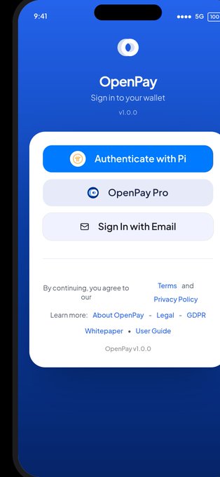 The image shows the OpenPay sign-in screen (v1.0.0) featuring options to "Authenticate with Pi," "OpenPay Pro," and "Sign In with Email," along with links to Terms and Privacy Policy. This relates to the post's announcement of OpenPay QR Pay by MRwain Organization, presenting the app's authentication interface as the gateway to a new QR-based payment solution for the Pi ecosystem.