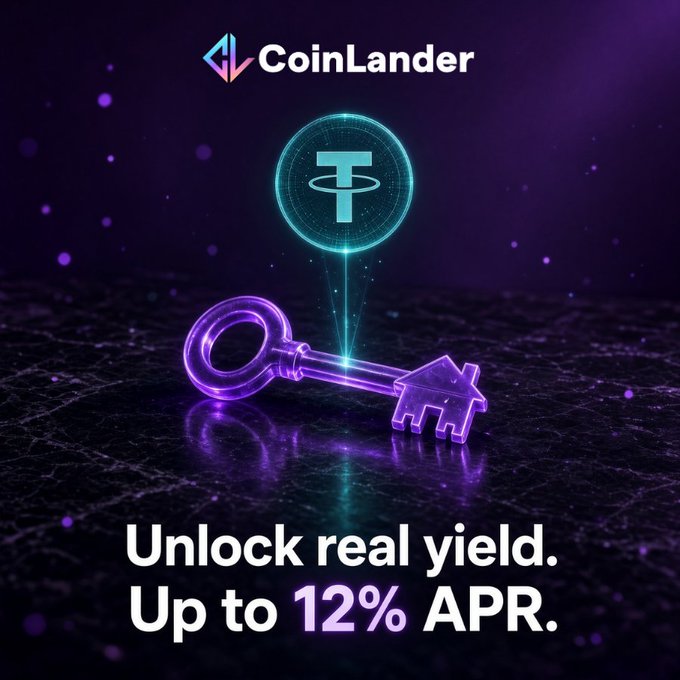 A CoinLander promotional graphic featuring a glowing purple key and house with a Tether (USDT) logo above, advertising 'Unlock real yield. Up to 12% APR.'