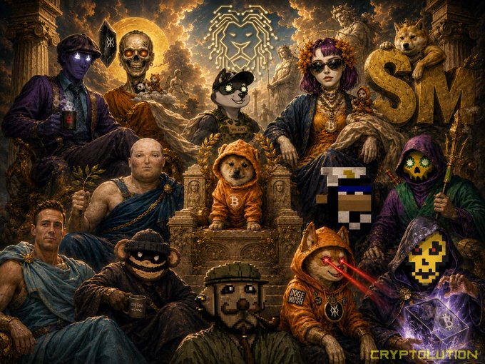 The image features a group of people dressed up as various characters from mythology or legends, including a mannequin wearing a robe that resembles a king's robe. The group consists of at least 12 individuals, each with unique costumes and accessories. They are all gathered together in front of a large painting depicting a scene from Greek mythology. The post also mentions the term "Bitcoin" and includes a reference to the character $DOG Tag.