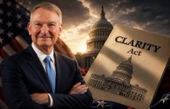 SEC Chair Paul Atkins is featured alongside a graphic of the "CLARITY Act" displayed against an image of the U.S. Capitol building, visually representing the agency's alignment with Congress to advance the legislation that could accelerate mainstream crypto adoption like XRP.
