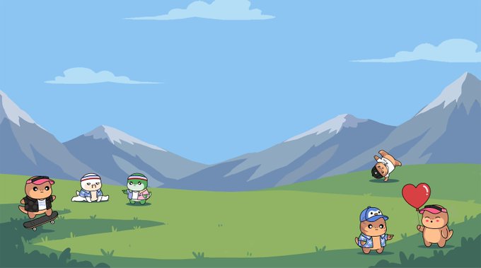 A colorful cartoon illustration featuring several chibi-style animal characters in a grassy field with mountains in the background; characters are shown skateboarding, meditating, eating, and holding a heart balloon.