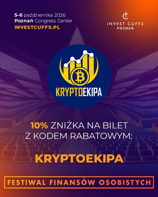 A promotional poster advertises the 'KRYPTOEKIPA' festival at Poznań Congress Center on 5-6 October 2026, offering a 10% ticket discount with the code 'KRYPTOEKIPA' and labeled as 'FESTIWAL FINANSÓW OSOBISTYCH'.