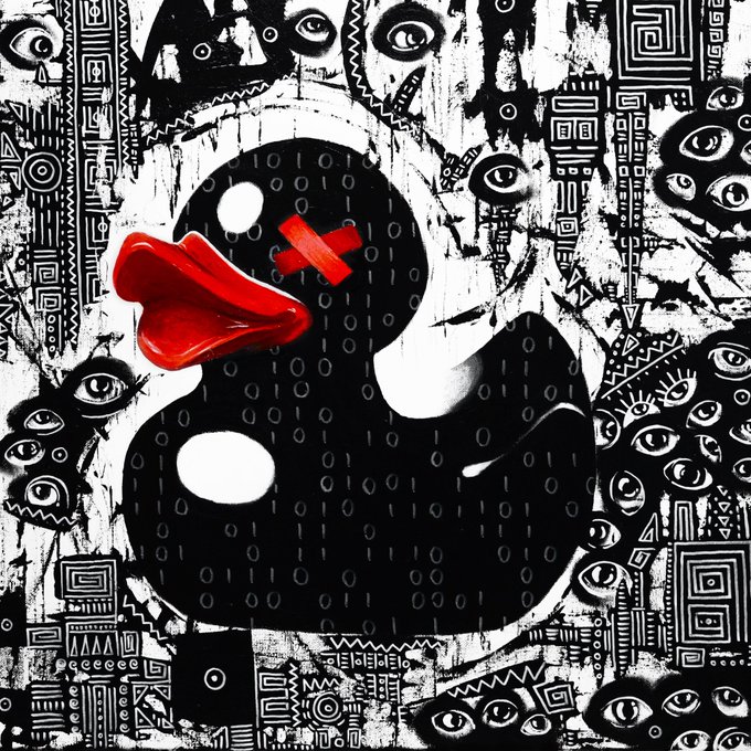 A bold black-and-white painting featuring a stylized duck with a striking red bill, surrounded by an intricate, eye-filled background of tribal-like patterns and geometric designs, titled "DefragmentEYEsed" as a unique 1/1 NFT artwork on Manifold.