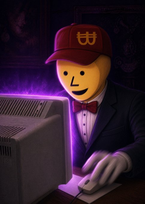 A yellow smiley-faced figure wearing a red cap with a "W" symbol and a bow tie types on a retro computer, representing the early alpha discovery of $WOJAK_BROKERS as an NFT revenue-sharing project on Ink on Chain. The cartoonish, meme-inspired aesthetic of the image mirrors the project's branding, which appears to combine Wojak meme culture with DeFi yield-sharing mechanics like royalties, staking pools, and holder redistribution.