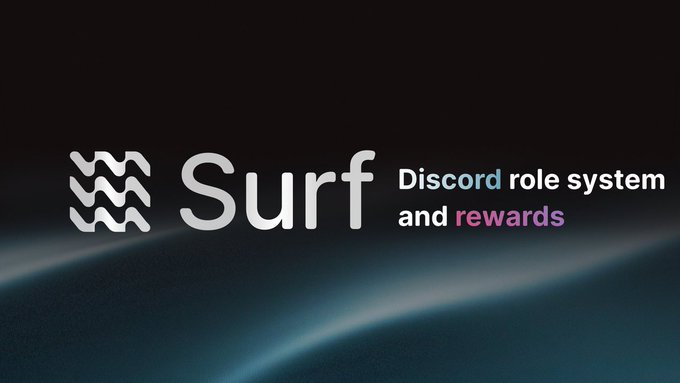 The image features a logo for a company named "Surf" with a wave design, which represents the ocean. The text "Surf Discord Role System and rewards" is written below the logo, indicating that the company offers role systems related to surfing and possibly rewards for users who engage in these activities on the platform.