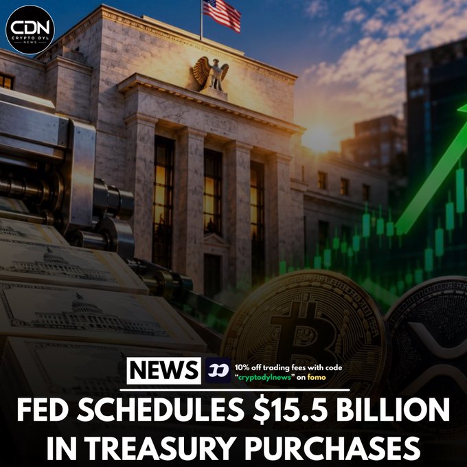 A news graphic from Crypto Daily News featuring the Federal Reserve building, cryptocurrency coins including Bitcoin, and green chart bars. Headline reads: 'NEWS - FED SCHEDULES $15.5 BILLION IN TREASURY PURCHASES' with a promo '10% off trading fees with code 'cryptodlynews' on fonzo'.