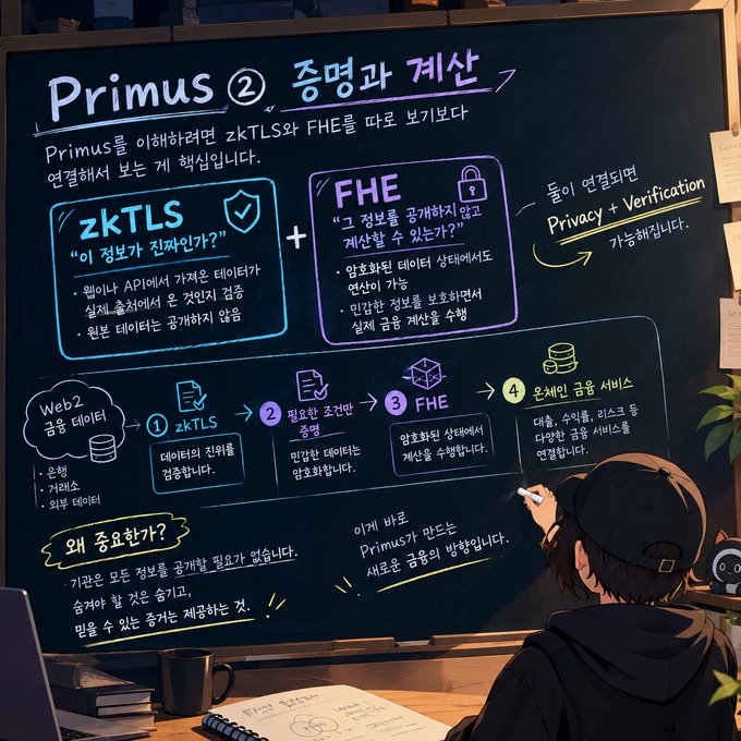 An illustrated chalkboard titled "Primus ② 증명과 계산" explains zkTLS and FHE concepts, showing a workflow from Web2 public data through zkTLS, FHE, and on-chain finance services, with a person writing notes below.