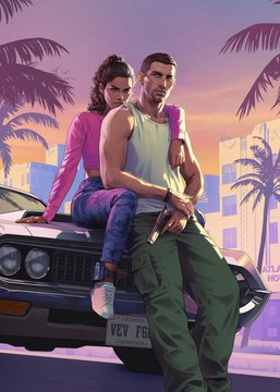 Two characters sit on the hood of a classic car against a vibrant sunset backdrop of palm trees and city skyline in promotional artwork for Grand Theft Auto VI, which is projected to win Game of the Year at the 2026 Game Awards. The license plate reads "VICE F6," tying the imagery to the game's Vice City setting.
