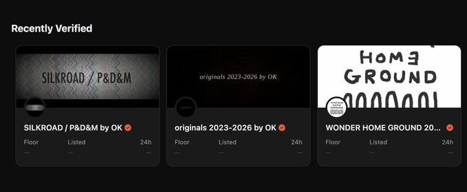A dark-themed UI panel titled 'Recently Verified' displays three NFT collection cards: 'SILKROAD / P&D&M by OK', 'originals 2023-2026 by OK', and 'WONDER HOME GROUND 20...' with Floor, Listed, and 24h metrics.