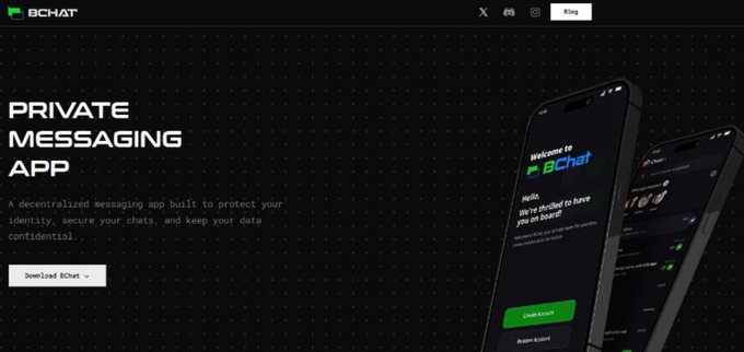 A website banner for "BCHAT" advertises a "PRIVATE MESSAGING APP" as a decentralized platform to protect identity, secure chats, and keep data confidential, shown alongside mobile app screenshots.