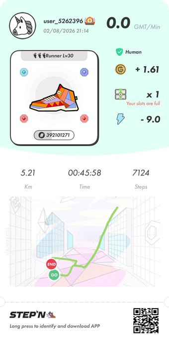 A STEPN app screenshot showing user_5262396's run with a Runner Lv30 sneaker NFT (#392101271), recording 5.21 km in 00:45:58 with 7124 steps, earning +1.61 GMT/Min and -9.0 energy.